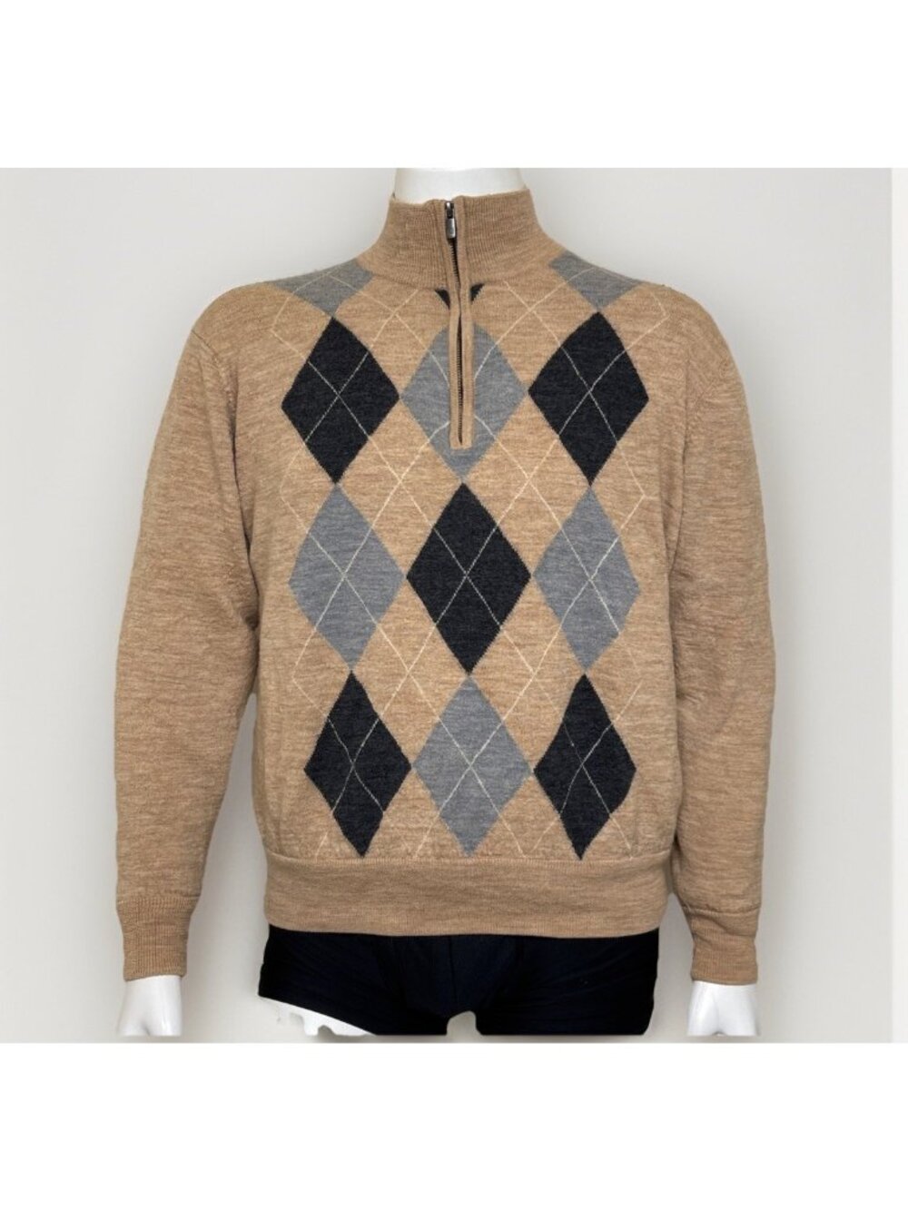 FootJoy Sweater Mens XL Wheat Gray Argyle Wool 1/4 Zip Pullover Lined Golf